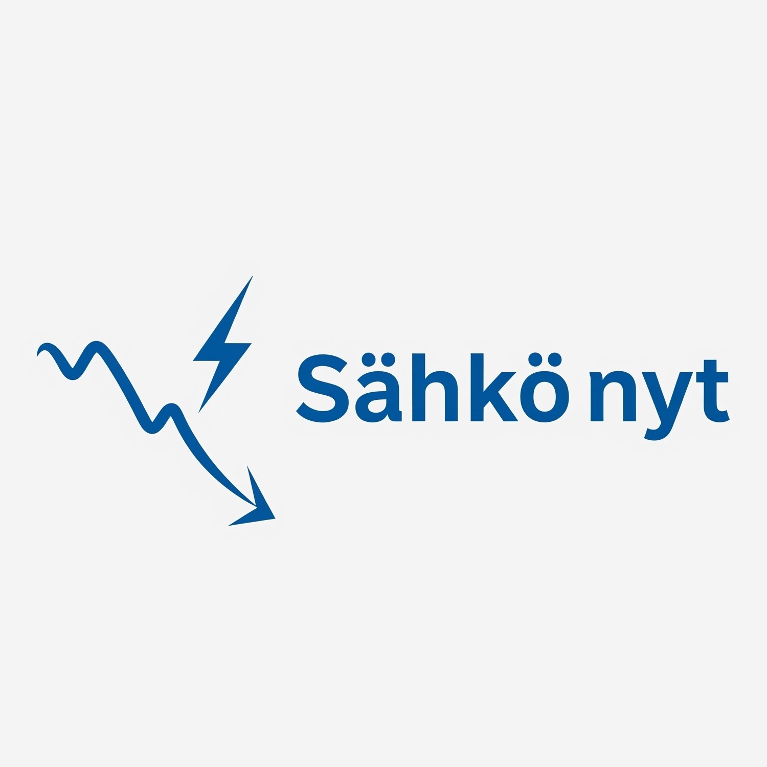 Sähkö nyt logo. Laskeva graafinen käyrä ja salama sen yläpuolella. Vieressä lukee "Sähkö nyt"